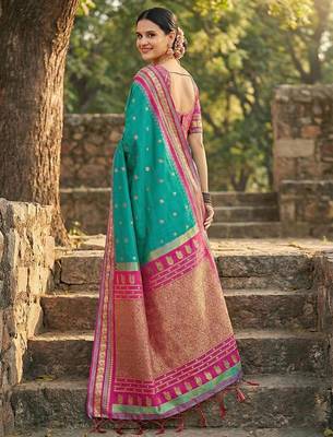 Sea green color woven work soft silk blend party wear saree with blouse 3