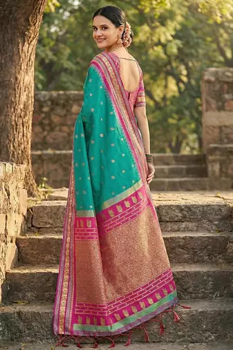 Sea green color woven work soft silk blend party wear saree with blouse