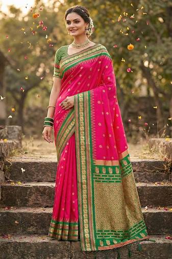 Pink color woven work soft silk party wear saree with blouse