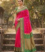 Pink color woven work soft silk party wear saree with blouse