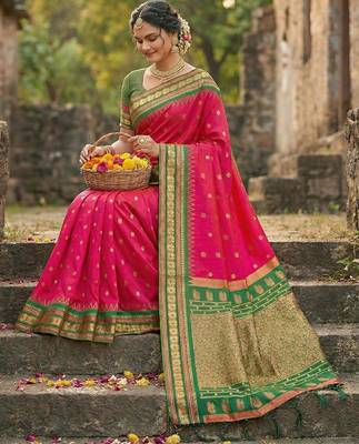 Pink color woven work soft silk blend party wear saree with blouse 2