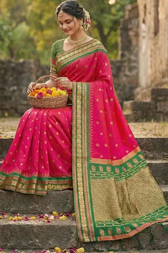 Pink color woven work soft silk blend party wear saree with blouse