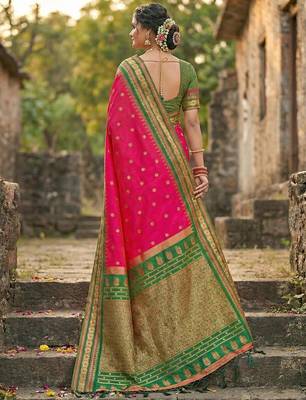Pink color woven work soft silk blend party wear saree with blouse 3