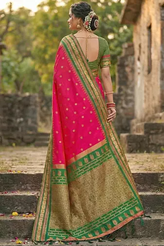 Pink color woven work soft silk blend party wear saree with blouse
