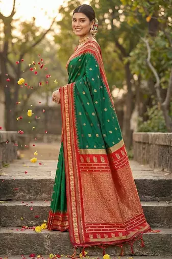 Green color woven work soft silk blend party wear saree with blouse