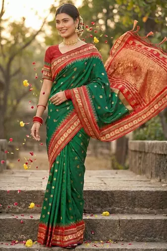 Green color woven work soft silk blend party wear saree with blouse