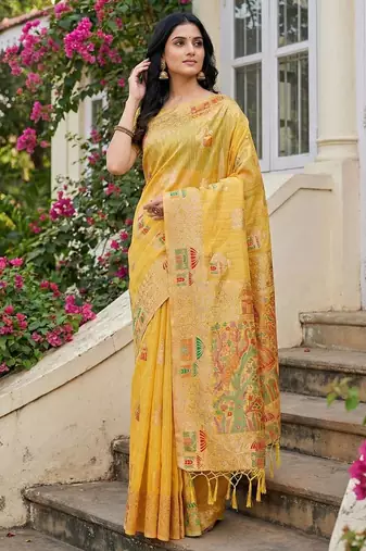 Yellow color woven work soft linen cotton saree with blouse