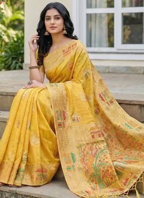 Yellow woven work soft linen cotton saree with blouse 2