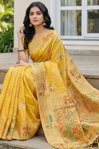 Yellow color woven work soft linen cotton saree with blouse