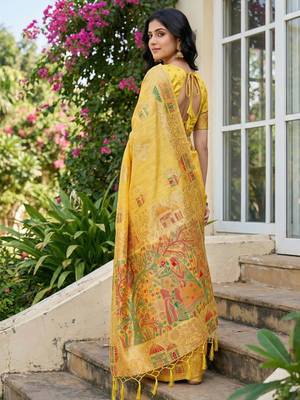 Yellow woven work soft linen cotton saree with blouse 3
