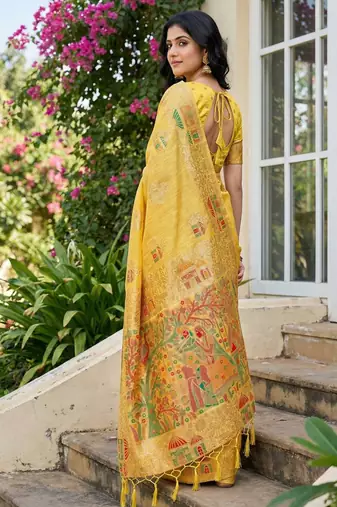 Yellow color woven work soft linen cotton saree with blouse