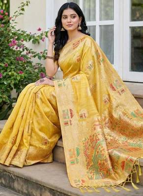 Yellow woven work soft linen cotton saree with blouse 4