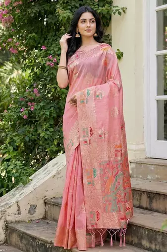 Pink color woven work soft linen cotton saree with blouse