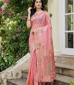 Pink color woven work soft linen cotton saree with blouse