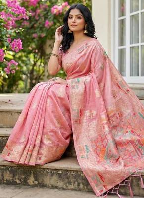 Pink color woven work soft linen cotton saree with blouse 2