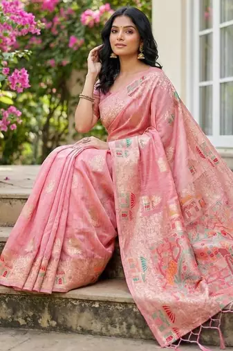 Pink color woven work soft linen cotton saree with blouse