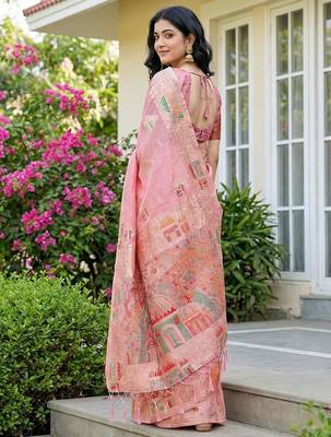 Pink color woven work soft linen cotton saree with blouse 3