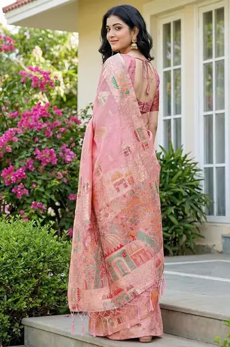Pink color woven work soft linen cotton saree with blouse
