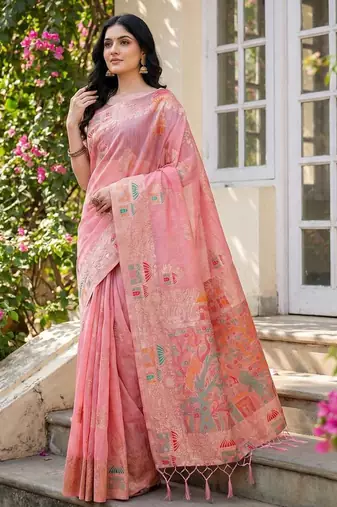 Pink color woven work soft linen cotton saree with blouse