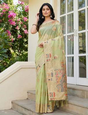 Light green color woven work soft linen cotton saree with blouse 1
