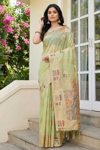 Light green color woven work soft linen cotton saree with blouse