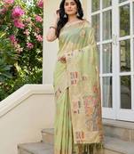 Light green color woven work soft linen cotton saree with blouse