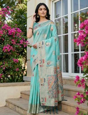 Sky blue color woven work soft linen cotton saree with blouse 1
