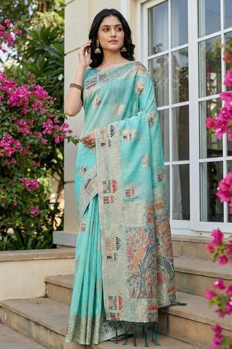 Sky blue color woven work soft linen cotton saree with blouse