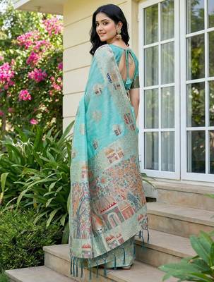 Sky blue color woven work soft linen cotton saree with blouse 2