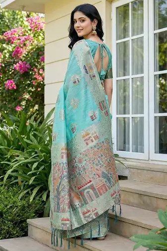 Sky blue color woven work soft linen cotton saree with blouse