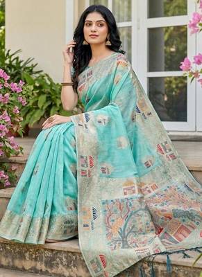 Sky blue color woven work soft linen cotton saree with blouse 3