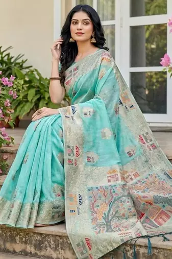 Sky blue color woven work soft linen cotton saree with blouse