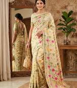 Cream color woven work linen cotton party wear saree with blouse