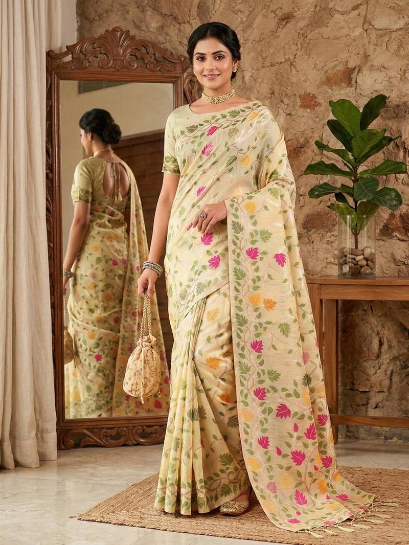 Cream color woven work linen cotton party wear saree with blouse