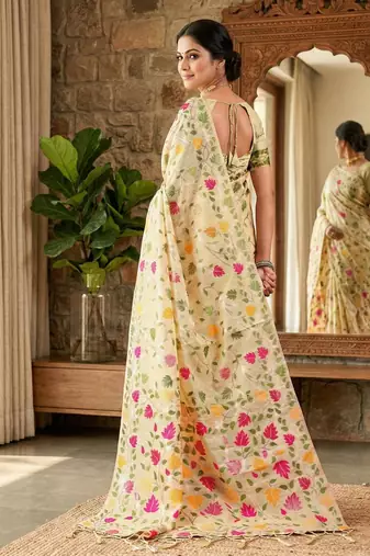 Cream color woven work linen cotton party wear saree with blouse