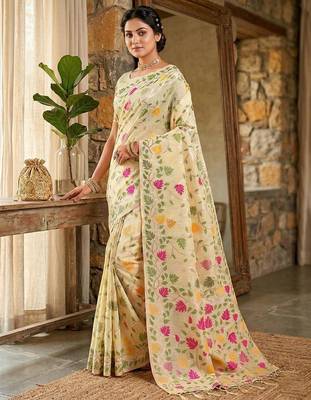 Cream woven work linen cotton party wear saree with blouse 3