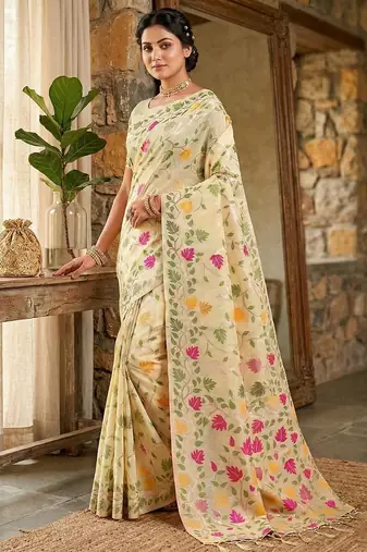Cream color woven work linen cotton party wear saree with blouse