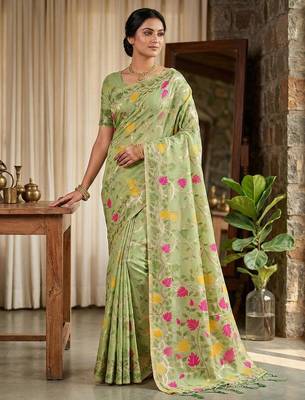 Green color woven work linen cotton party wear saree with blouse 1