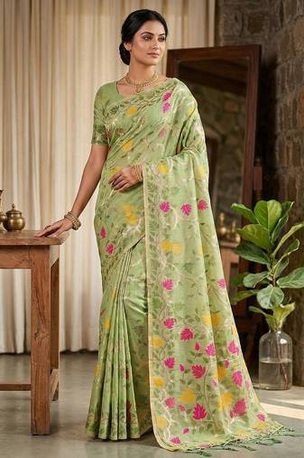 Green color woven work linen cotton party wear saree with blouse