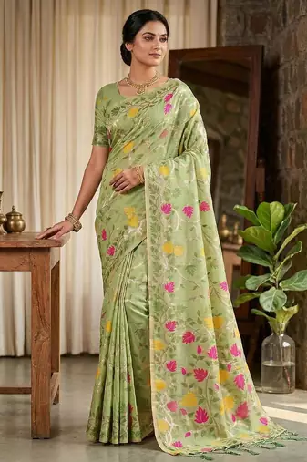 Green color woven work linen cotton party wear saree with blouse