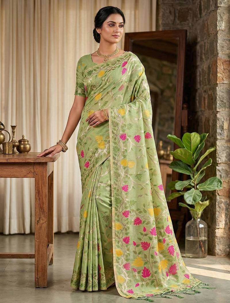 Green color woven work linen cotton party wear saree with blouse