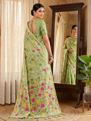 Green color woven work linen cotton party wear saree with blouse 2