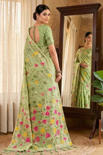 Green color woven work linen cotton party wear saree with blouse