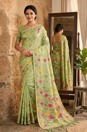 Green color woven work linen cotton party wear saree with blouse
