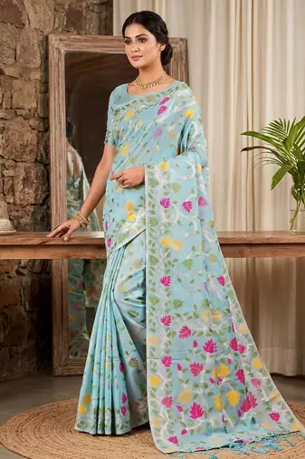 Skyblue color woven work linen cotton party wear saree with blouse