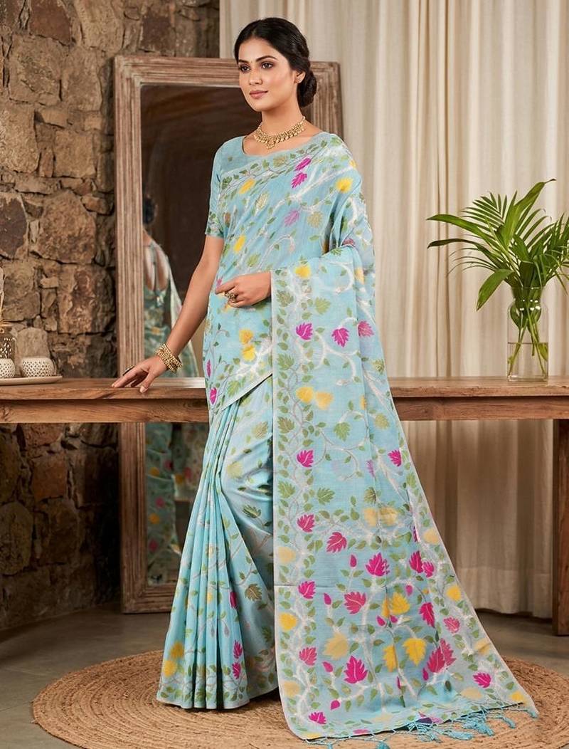 Skyblue color woven work linen cotton party wear saree with blouse
