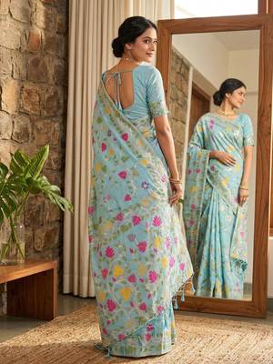 Skyblue color woven work linen cotton party wear saree with blouse 3