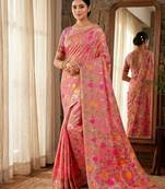 Pink color woven work linen cotton party wear saree with blouse
