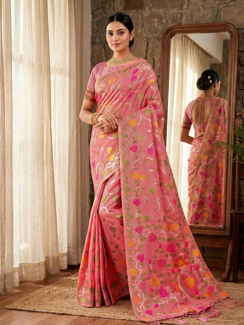 Pink color woven work linen cotton party wear saree with blouse