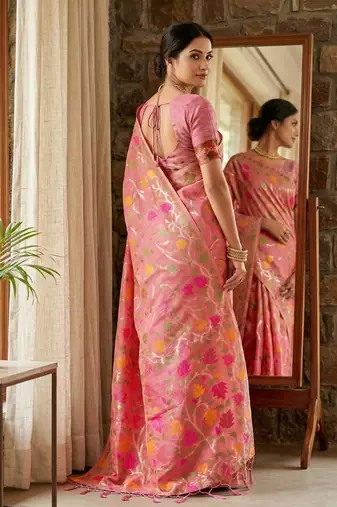 Pink color woven work linen cotton party wear saree with blouse